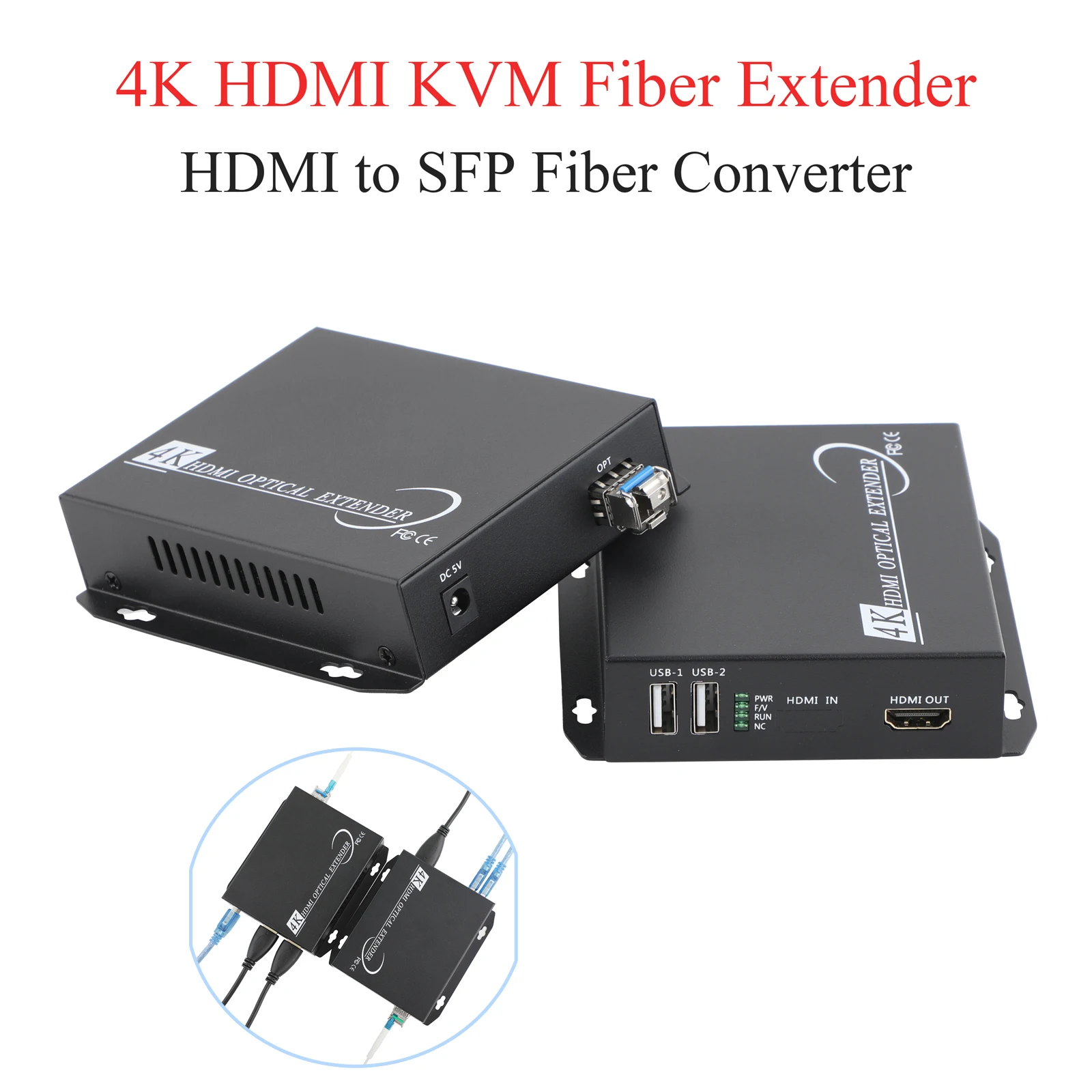 4K Fiber Optic Transceiver Media Converter with LC SFP Module (10KM)-USB Mouse/Keyboard, Audio/Video, US/EU Power