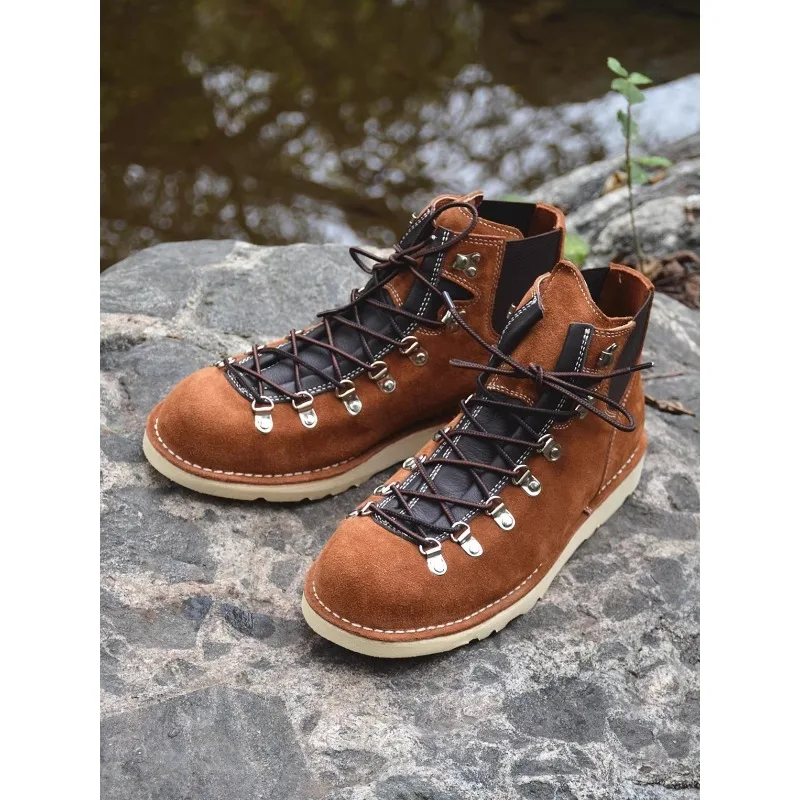 Handmade Outdoor Mountaineering Waterproof Work Oxford Shoes Men's Genuine Leather Thick Sole Platform Brown Motorcycle Boots