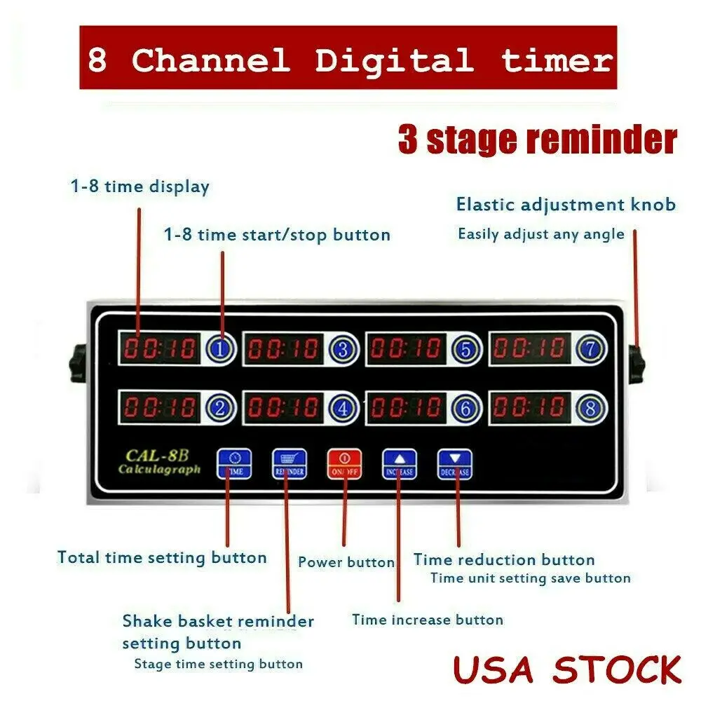 

8 Channel Kitchen Timer Stainless Steel Adjustable Angle Loud Speaker 3 Stage Reminder for Various Occasions Stainle