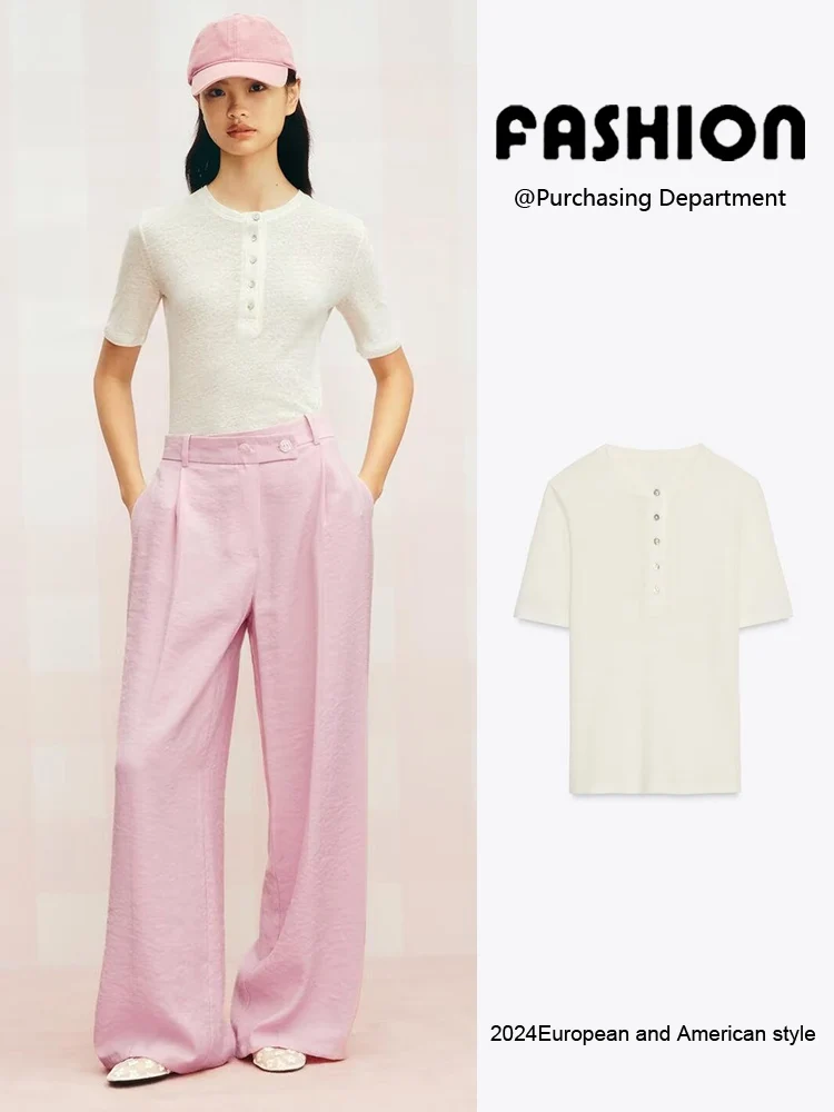 Nowa letnia kolekcja 2025 damska moda prosty okrągły dekolt prosty uniwersalny T-shirt z ozdobnymi guzikami do pracy elegancki...