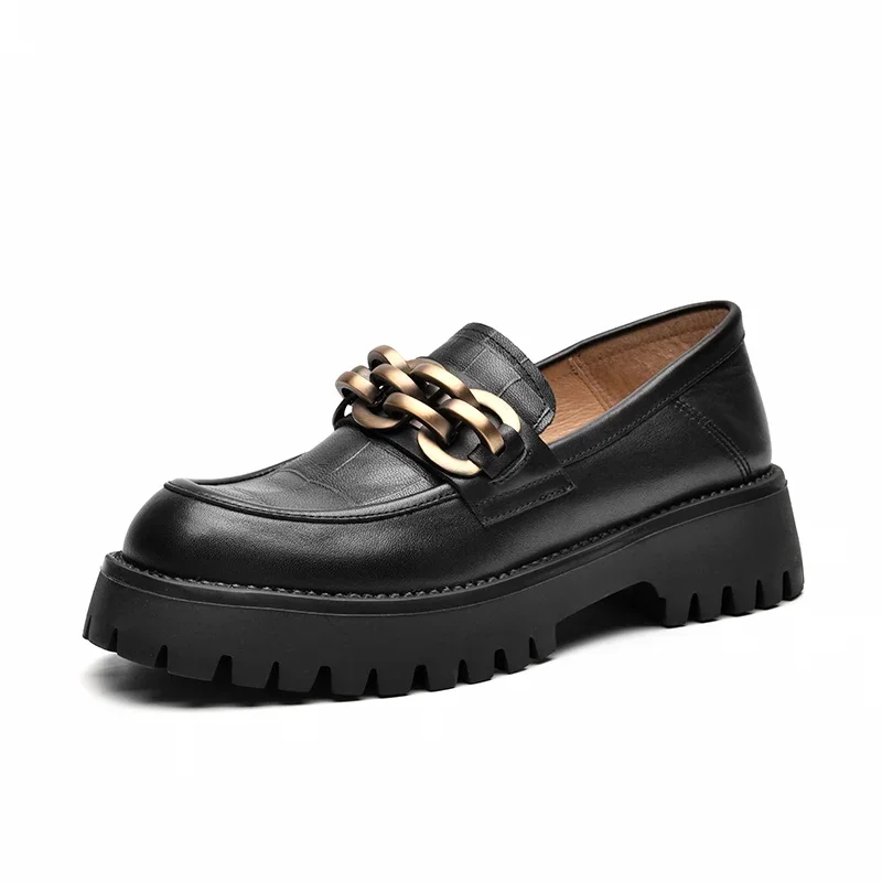 Chunky Loafers Women Genuine Cow Leather Platform Shoes Round Toe Metal Chain Slip on Ladies Flats Handmade