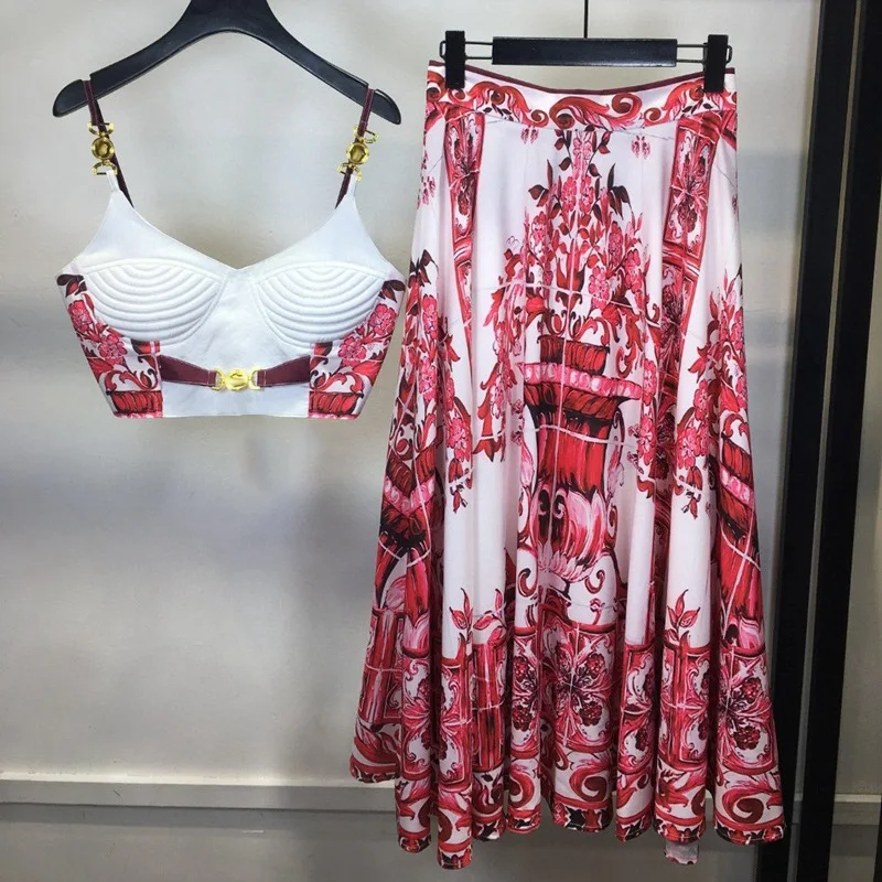 Summer Holiday Two Pieces Set Women's Spaghetti Strap Padded Cup Metal Button Zipper Print Short Tops + A-Line Long Skirt Suit