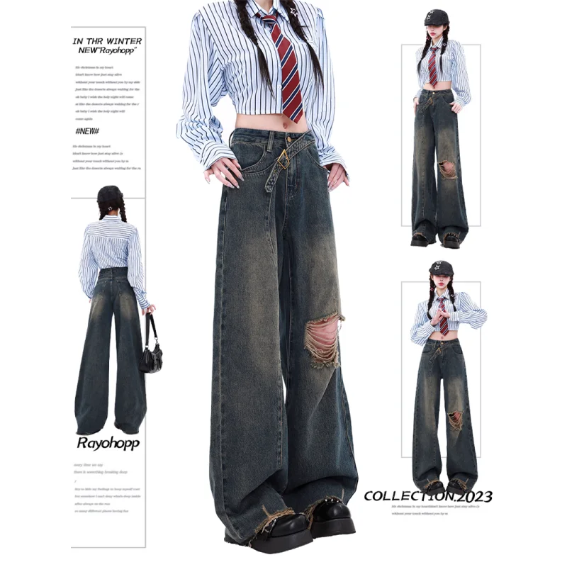 

Gradient Blue Belt Womens Jeans High Waist Straight Baggy Denim Pants American Korean Fashion Y2K Female Wide Leg Denim Trouser