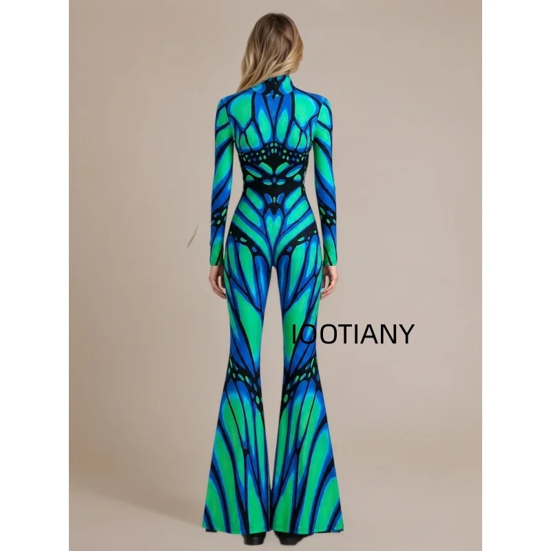 Damen-Jumpsuit mit ausgestellten Schlaghosenbeinen, geometrischem Schmetterlings-Skelett-Muster, figurbetont, Catsuit, Festival-, Rave-, Halloween-Cosplay-Outfit – Detail 12