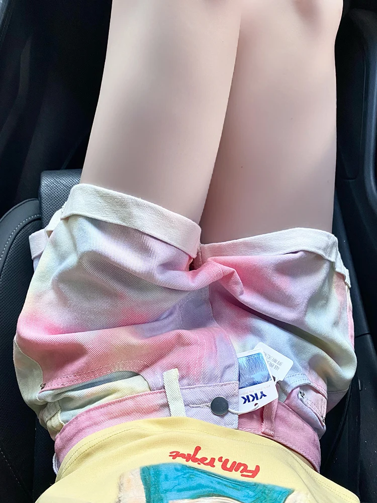 

Trendy Tie-Dye Pink Denim High Waist Slimming Fashionable Youthful Unique Wide Leg Shorts Women's Summer Casual Jeans