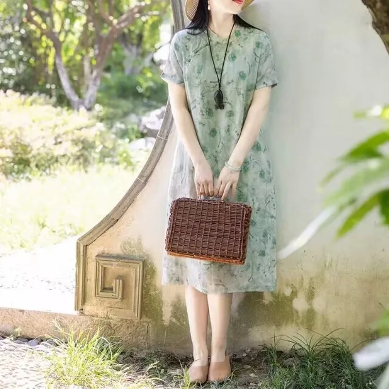 

Fashion Cotton Linen Grass Green Qipao2025 Summer Retro Style Improved Short-sleeved Cheongsam Asian Dress Women
