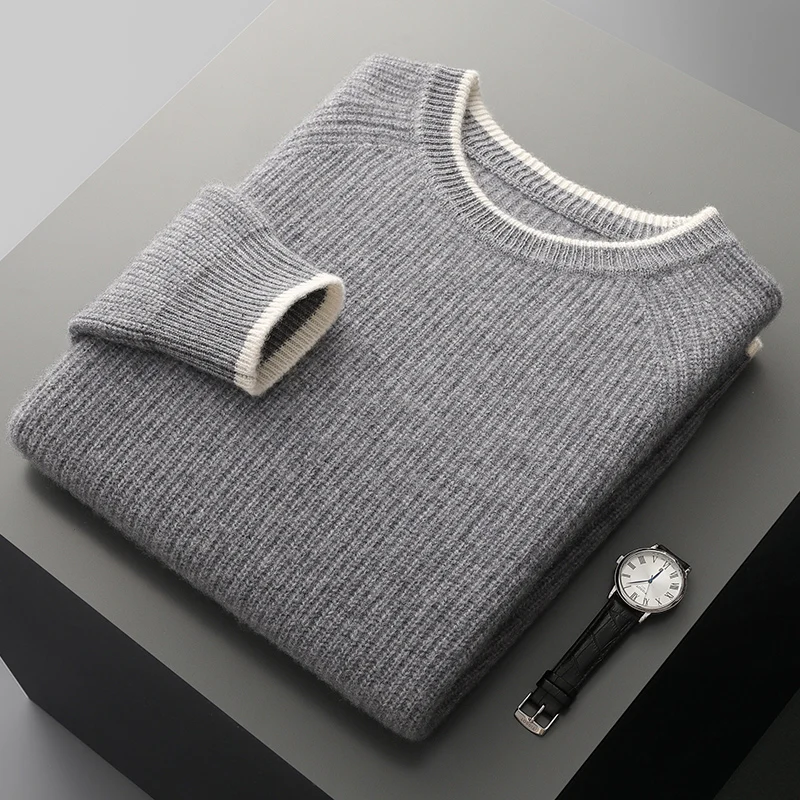 100%Merino Wool Knitted Sweater Men's O-Neck Loose Ingot Needle Pullovers Fashion Color Matching Long-Sleeved Tops Thicken Shirt