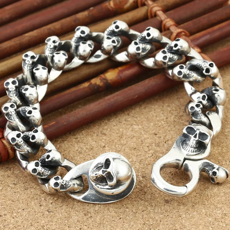 

S925 Sterling Silver Personalized Jewelry Vintage Thai Silver Coarse Mine Punk Skull Head Dominant Men's Bracelet