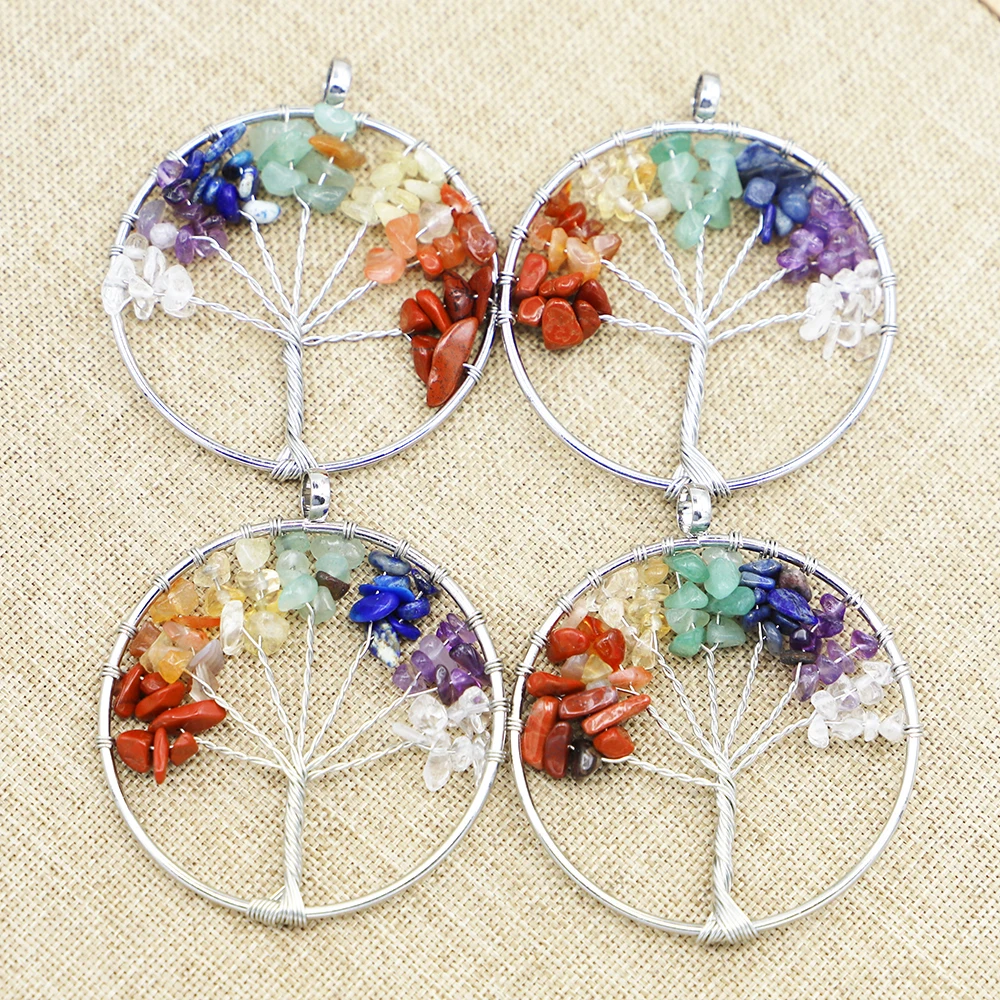 Natural Color Gravel Fashion 7 Chakra Tree Of Life Handmade Wire Wrapped Pendant DIY Jewelry Accessories Marking Wholesale 10Pcs