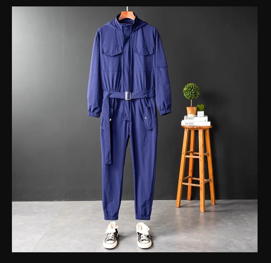 Men's Jumpsuit Long Sleeve Hooded Beam Feet Cotton Overalls Hip Hop Streetwear Loose Cargo Pants 3color Freight Trousers Costume