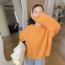 Girls Sweater Wool Coat Kids Tops Knitting 2023 Orange Thicken Warm Winter Autumn Toddler Cottons Pullover Children's Clothing