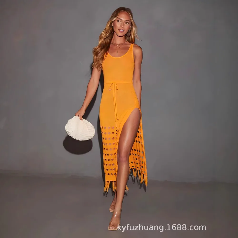 

2025 Summer Sexy Slit Dress Women Fashion Hollow Out Tassel Backless Vacation Odycon Vestidos Para Mujer Sleeveless Long Dresses