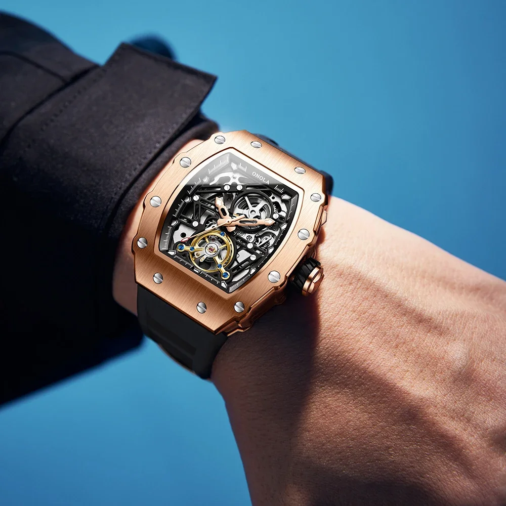 ONOLA 3854 Automatic Movement Men Watch Ourbillon Waterproof Silicone Strap Tonneau Mechanical Watches for Men Relogio Masculino