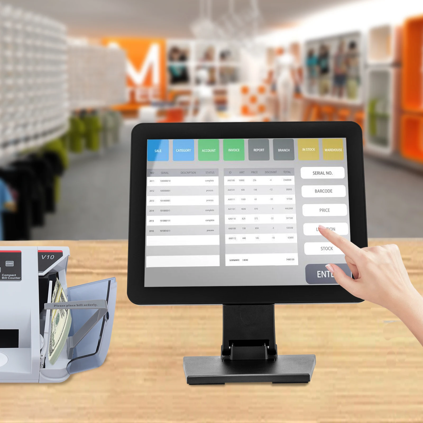 Écran tactile capacitif 15 pouces 10 points pour caisse enregistreuse 1024×768, pliable 0-90 °   Moniteur POS réglable avec interface HDMI VGA USB, rétroéclairage LED 50 000 heures, montage mural/sur comptoir pour supermarché, commerce de détail, restaurant, hôtel