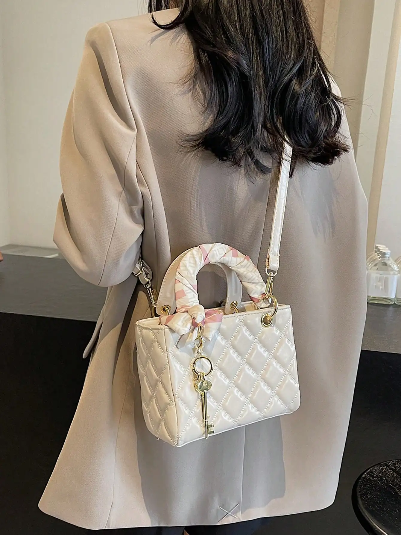 Quilted Small Square Bag Silk Scarf Key Pendant Niche Elegant Crossbody for Dating Gift