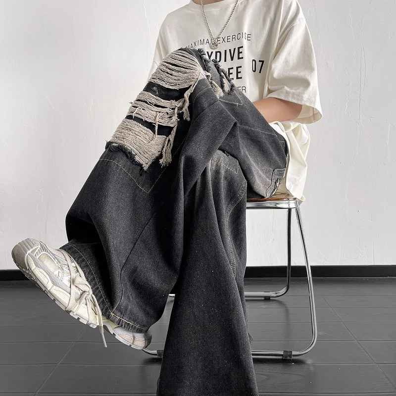Distressed Ripped Men กางเกงยีนส์ขากว้าง Jean ล้าง Bleached Zipper Fly หลวมวินเทจสูงเอวความยาวเต็มกระเป๋า