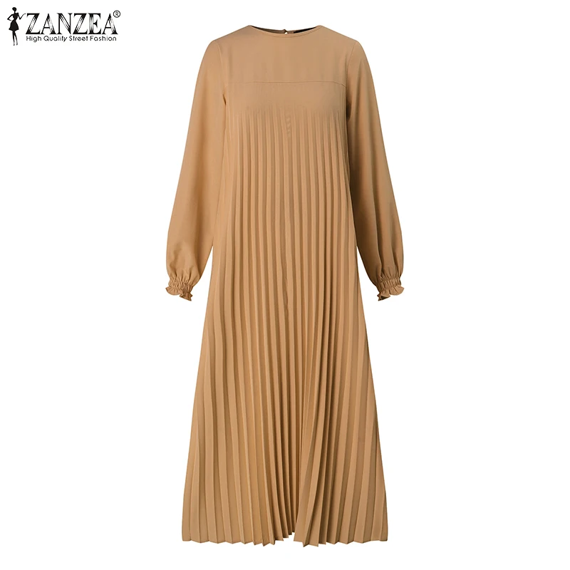 Eid Mubarek Muslim Abaya Dress ZANZEA Women Long Sleeve Solid Pleated Sundress Ramadan Robe Femme Loose IsIamic Clothing Kaftan
