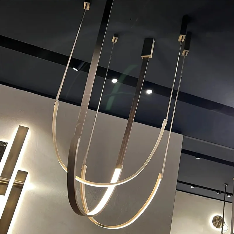 2025 Minimalist Metal Line Chandelier Modern Minimalist Designer Living Room Dining Room Hotel Lobby Leather U-shaped LED Light