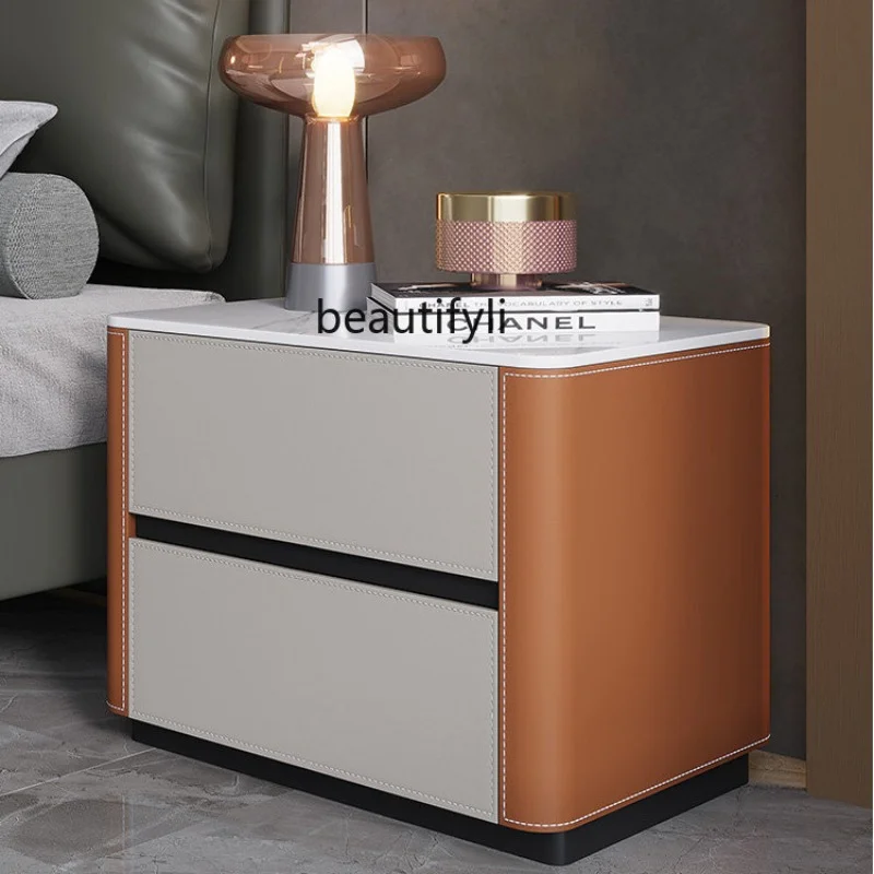 

Minimalist Saddle Leather Stone Plate Bedside Table Bedroom Solid Wood Storage Cabinet