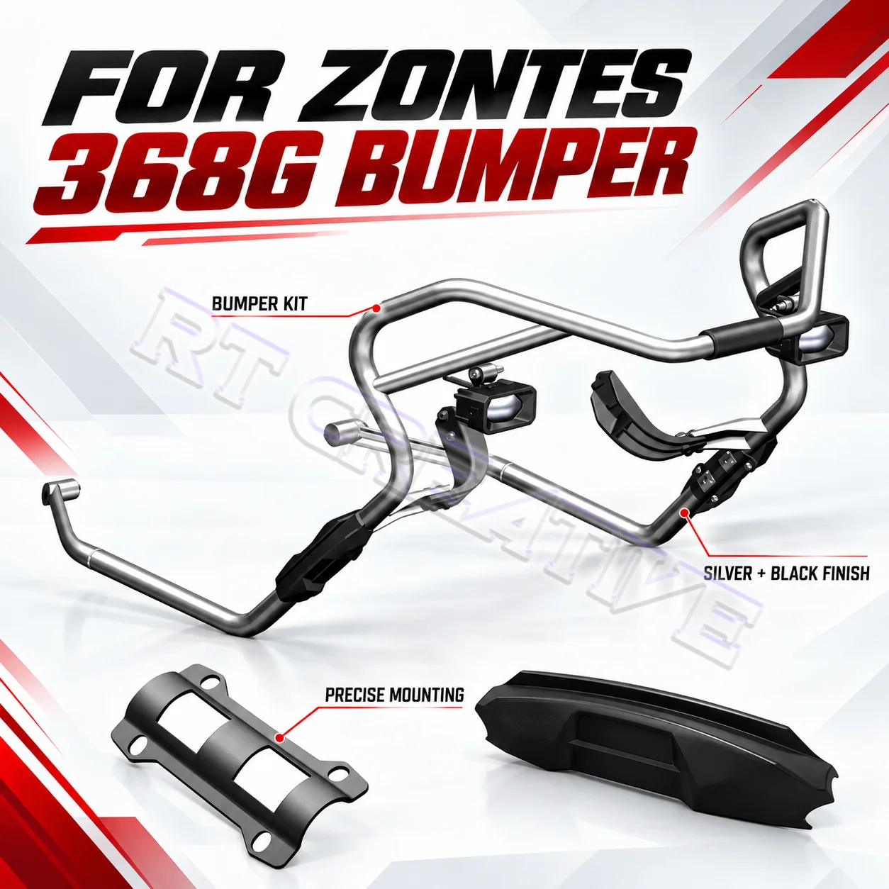 Crash bars, protective rubber sliders, footpegs, and front fog lights — for the 2024 ZONTES 368G