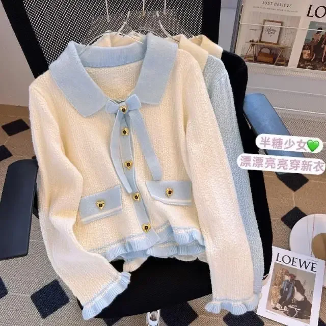 Bow tie knit cardigan for women\'s spring and autumn new short style contrasting color sweet little fragrance sweater