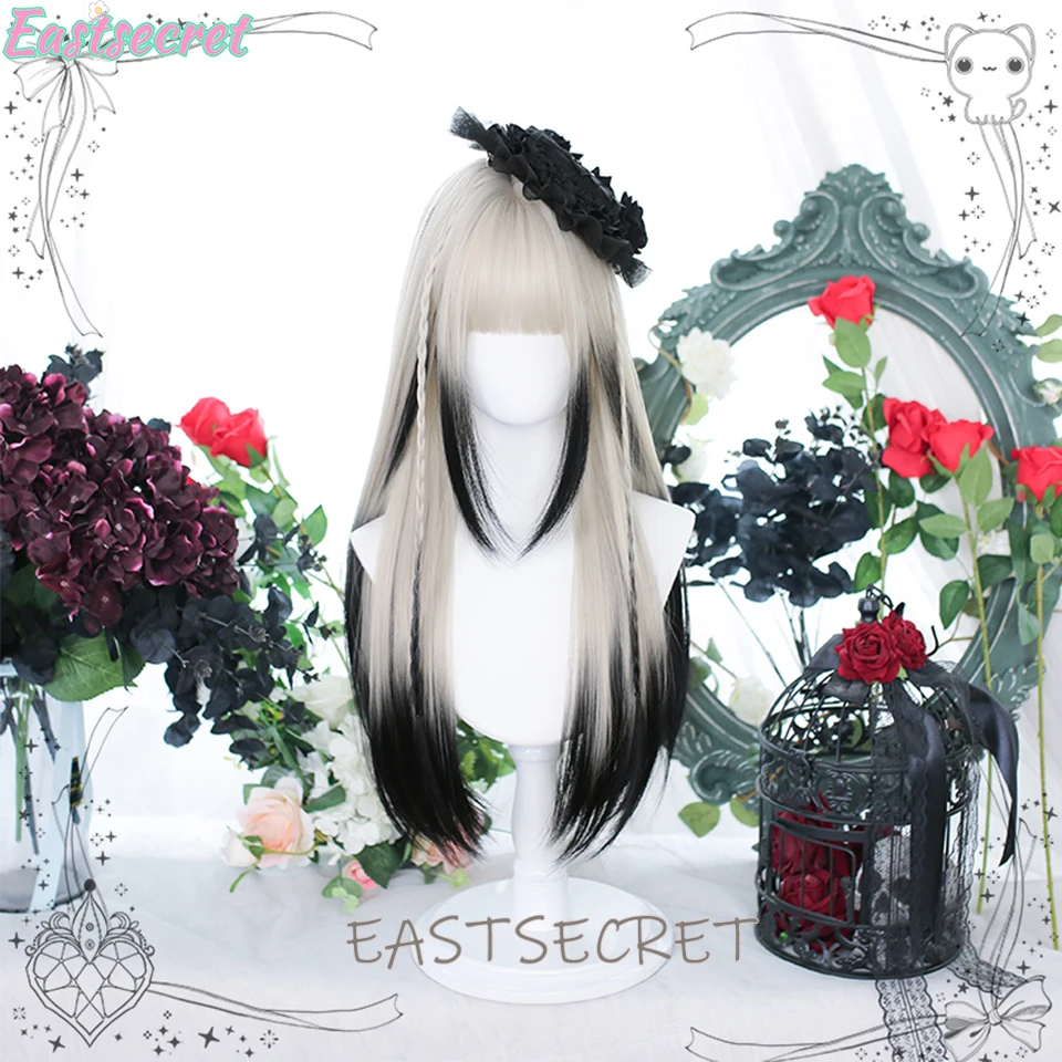 EASTSECRET Synthetic Long Straight Lolita Wig with Bangs Wig Girl Cute Ombre White Black Cosplay Party Halloween Harajuku Wig