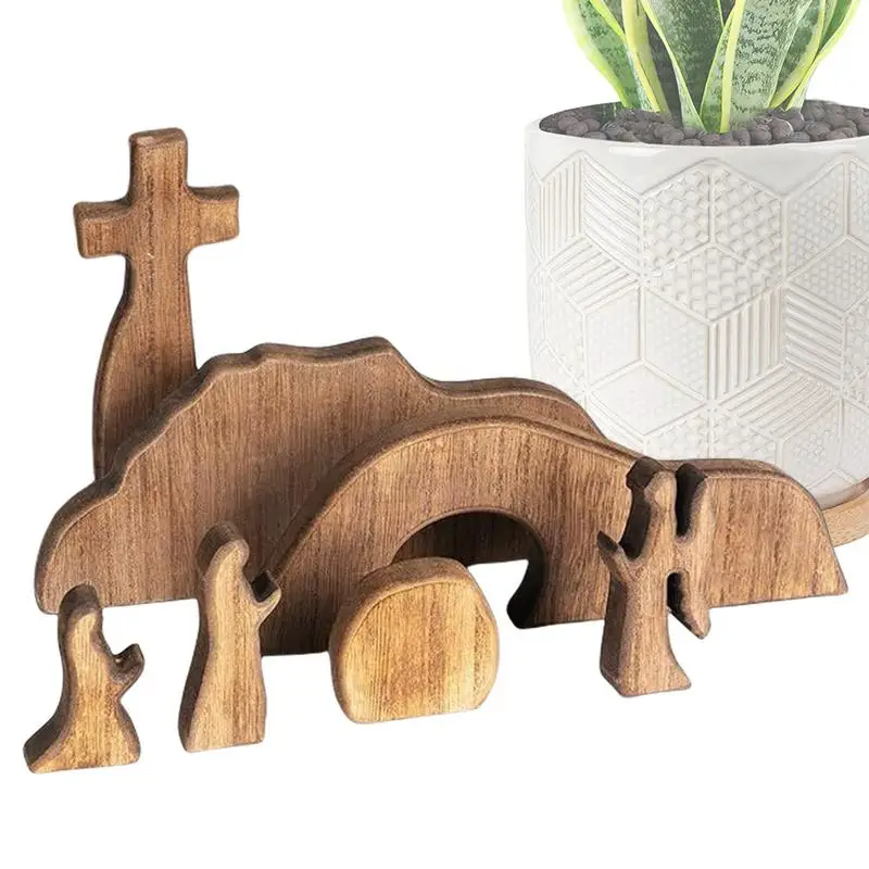 Tomb vide, décoration de scène de pâques, Table en bois, Statue de la Nativité de jésus, plateau à plusieurs niveaux de résurrection de pâques, scène de la Nativité de jésus