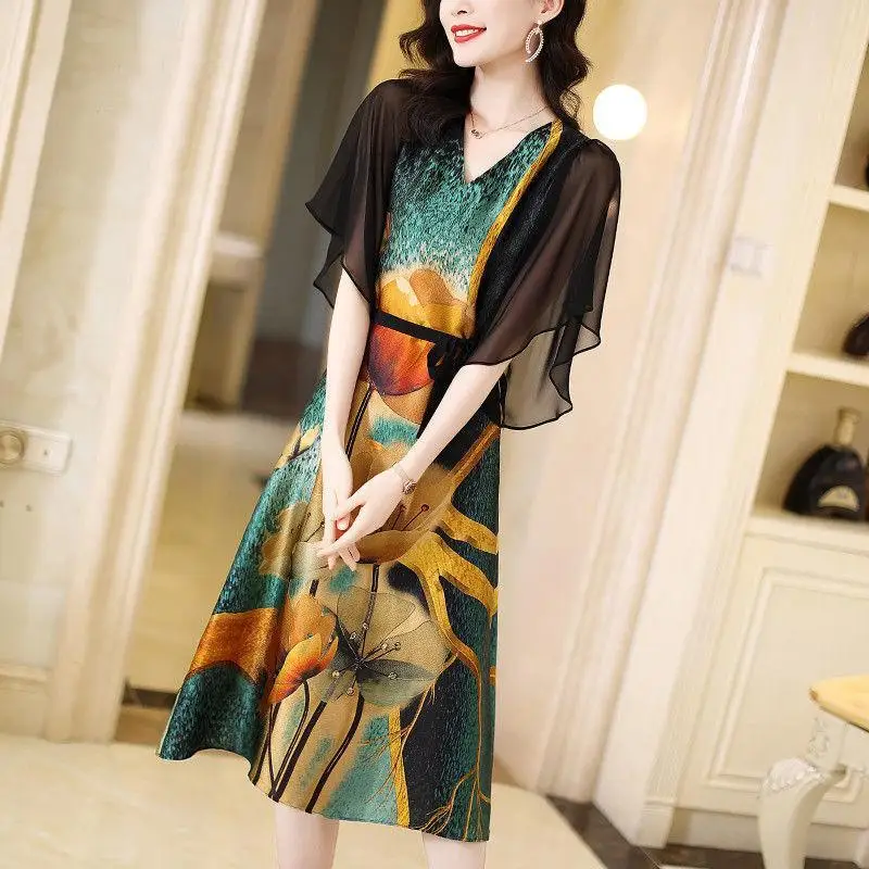 

Vintage Contrasting Colors Printed Dresses Women's Clothing Elegant V-Neck Summer New Drawstring Casual Spliced Gauze Midi Dress