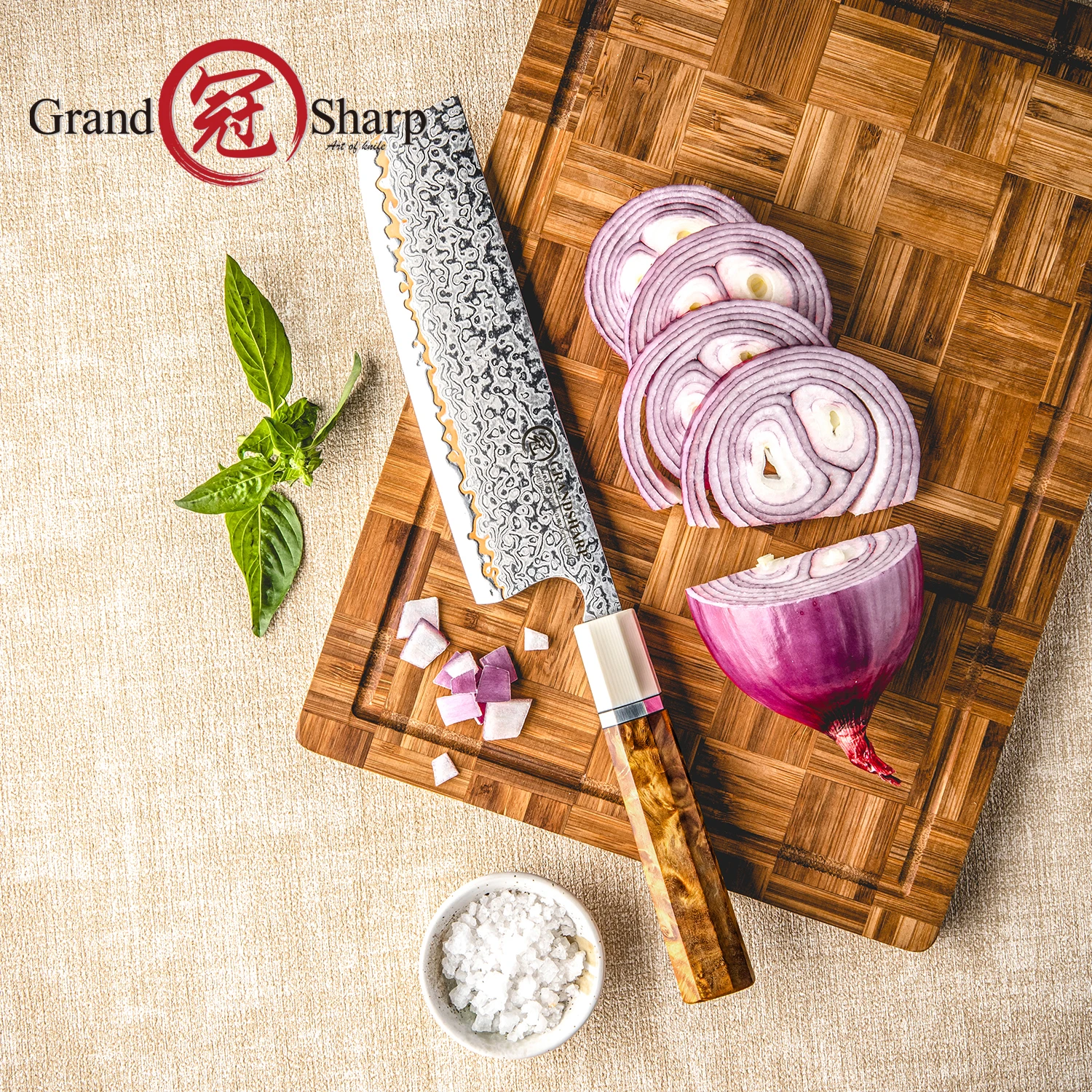 Grandsharp 7 Nakiri Knife 55 Layers Copper Damascus Steel 10Cr15CoMoV Core Solidified Wood Handle Flat Edge For Vegetables