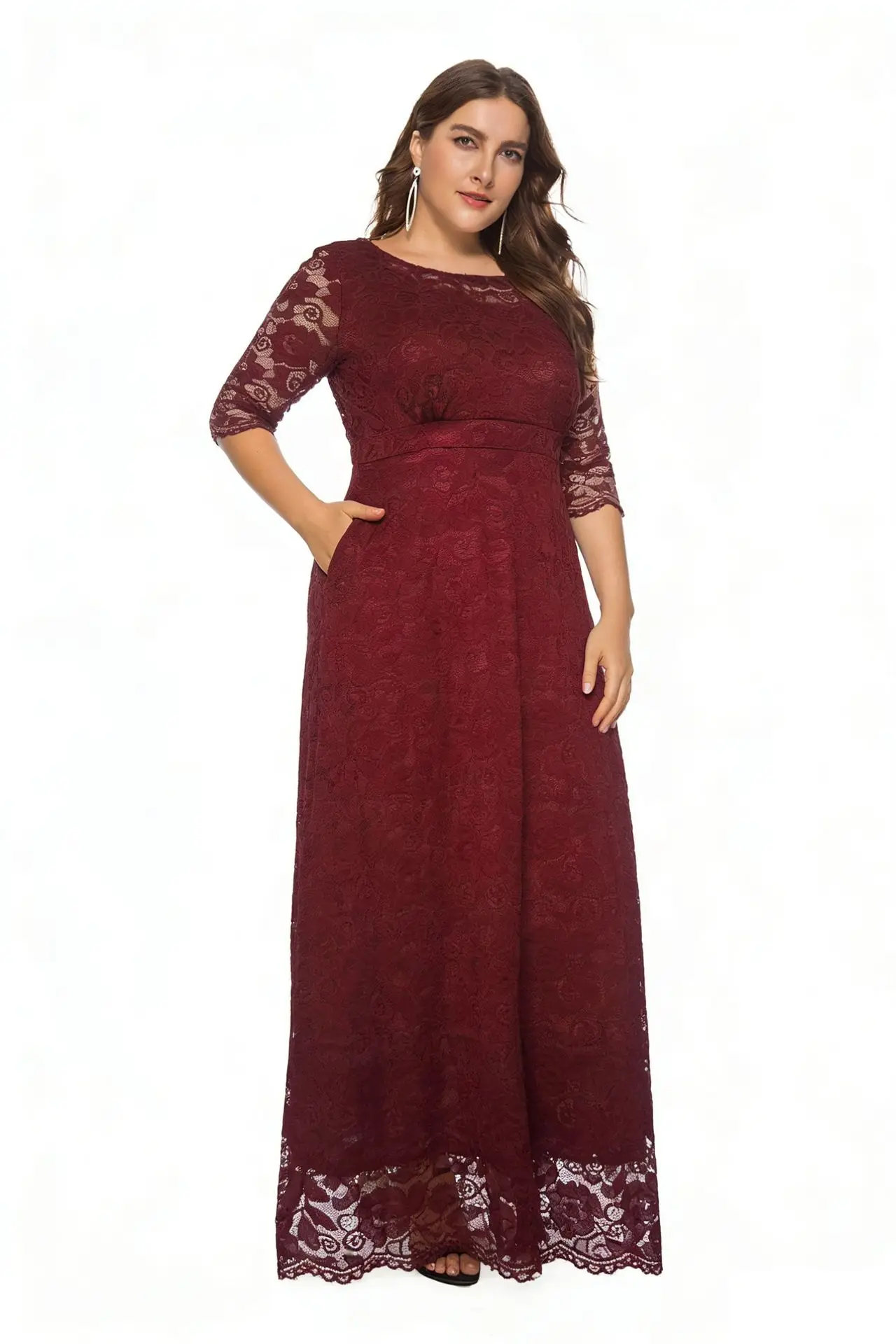Plus Size O Neck 3/4 Sleeve Long Dress Elegant Party Evening Bridesmaid Dresses For Women
