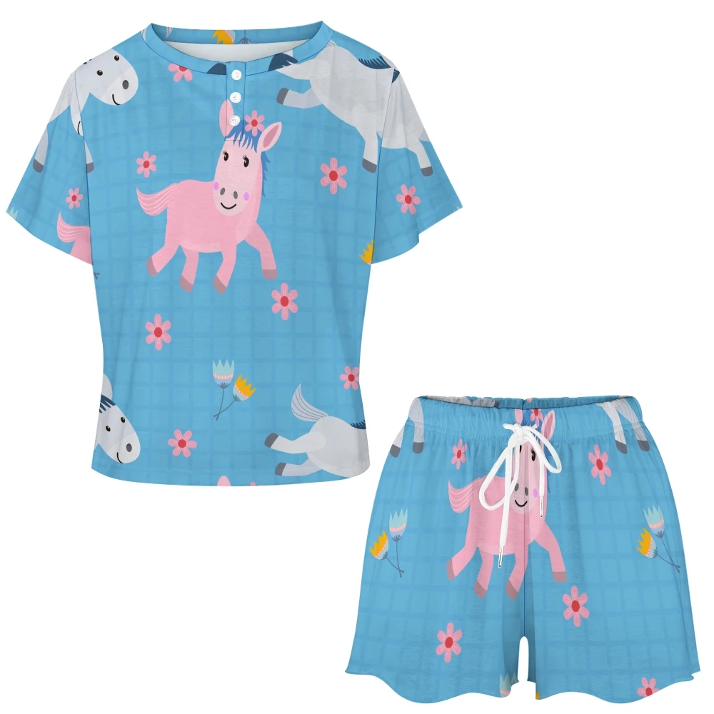 Donkey Pattern Women's 2-Piece Button Down Short Sleeve Button Front Sleepwear Loungewear PJ Set Summer Home Suit image 2