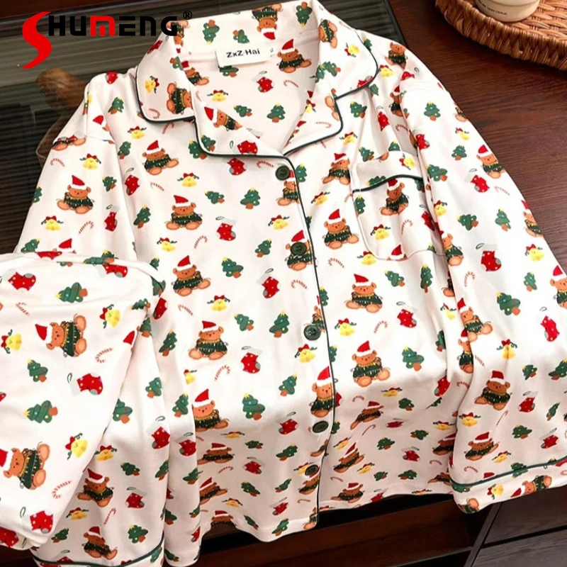 

Рождественские пижамы с длинными рукавами и белым медведем для женщин, осенне-зимний утепленный комплект домашней одежды, женские костюмы для сна в японском стиле