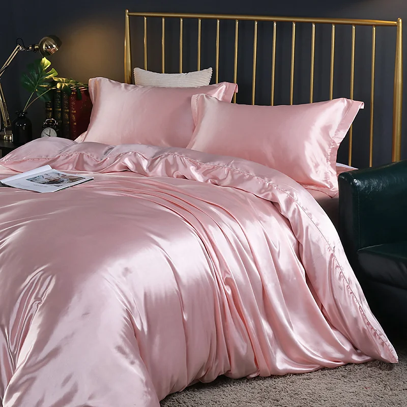 

Mulberry Silk luxury Bedding Set with fitted sheet High-end 100% Silk Satin Bedding Sets soft smooth Solid Color quilts Cover