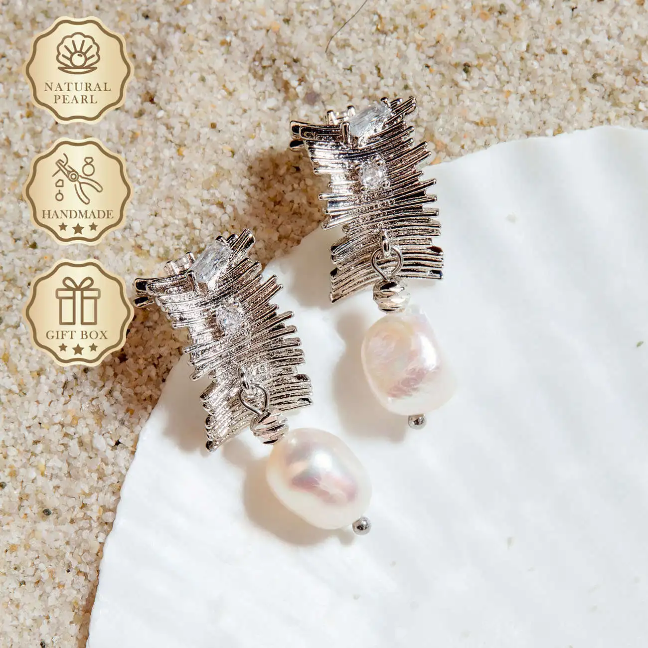 

MYSOYA White Baroque Freshwater Pearl Earrings 8–10mm with Silver Irregular Stripe Design, Gift Box, Birthday & Anniversary Gift