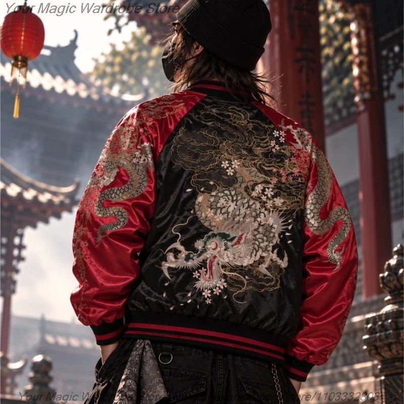 Asian Japanese Sukajan Style Embroidered Souvenir Jacket Outerwear Coat Embroidery Men Couple Personality Baseball for Couples