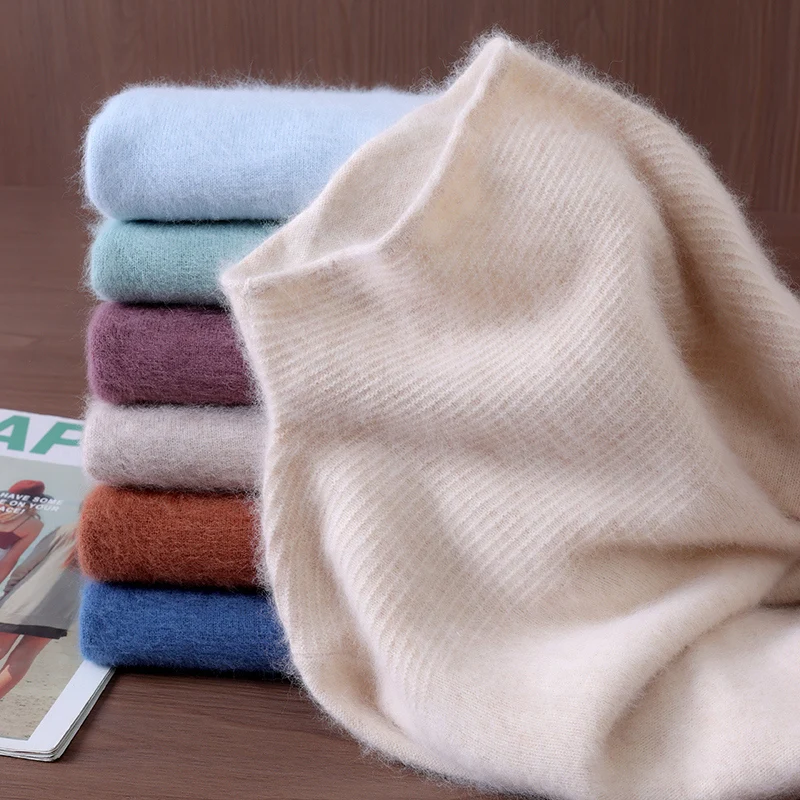 หนาสีทึบ Mink CASHMERE เสื้อกันหนาวฤดูใบไม้ร่วงและฤดูหนาวผู้หญิงกึ่งสูงคอหลวม Jacquard เสื้อขนสัตว์ Bottoming เสื้อ