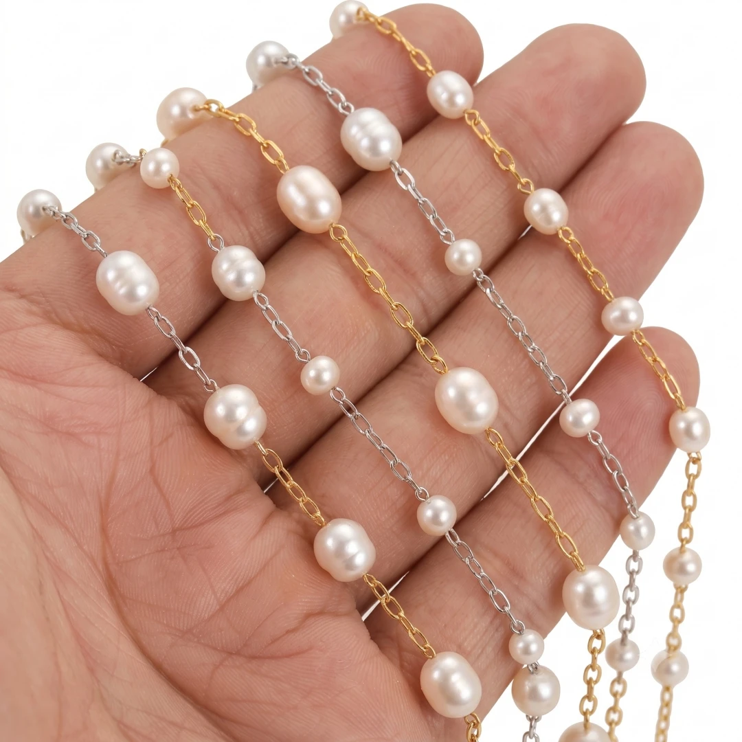 0.5Meter 1Meter Gold Plated Stainless Steel Faux Pearls Beaded Cable Link Chains Spool for Necklace Bracelet Jewelry Making DIY