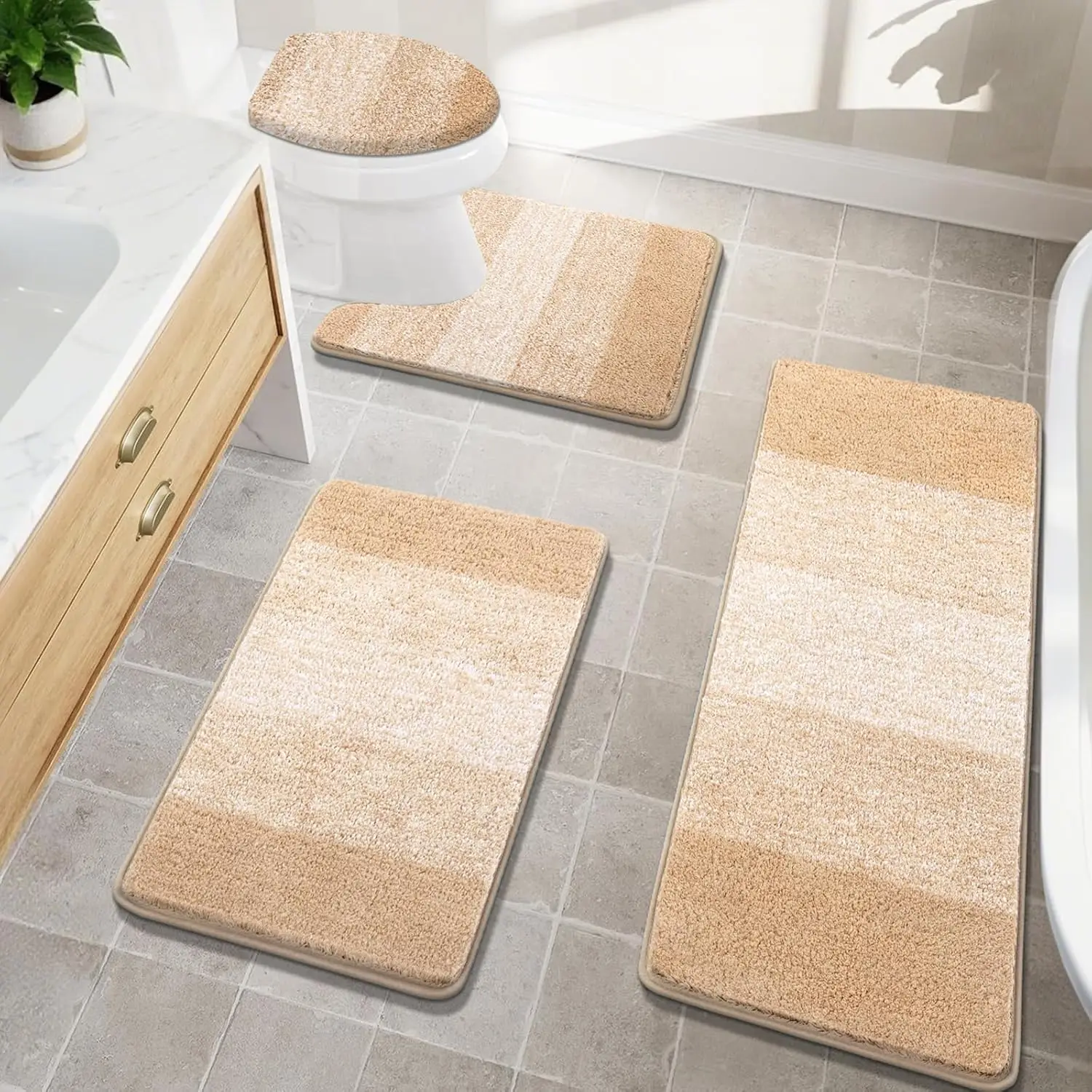 

Bathroom Rugs Sets 4 Piece, Soft Absorbent Microfiber Bath Rugs with U-Shaped Contour Toilet Rug and Toilet Lid Cover,
