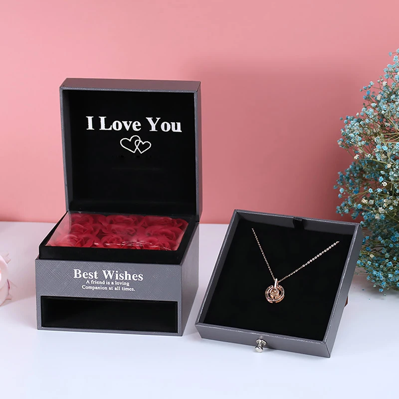 Elegant Heart Zircon Pendant Necklace With Luxury Rose Flower Gift Box For Women Wedding Gift 2024 New In Romantic Jewelry