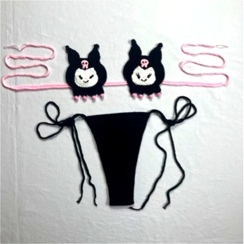 2 قطعة مجموعة البيكينيات الكروشيه اليدوية لطيف Kuromi سانريو الفتيات مثير ملابس السباحة الكرتون حزام المرأة بيكيني ثوب السباحة ملابس الشاطئ