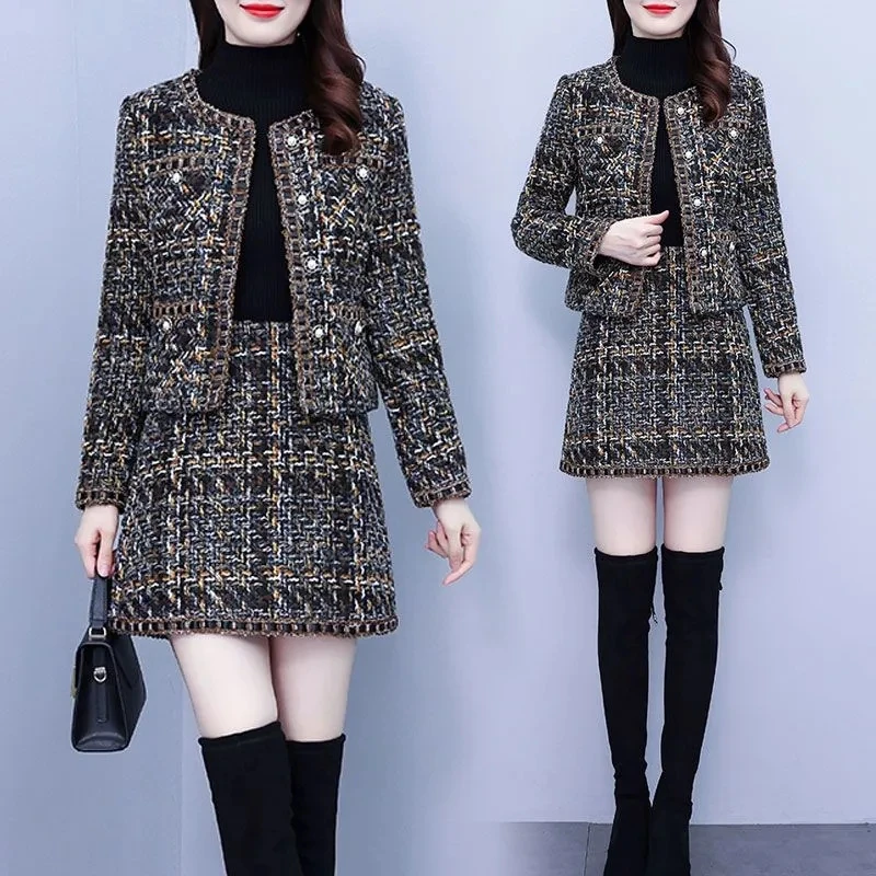 Single-Breasted Chic Tweed Coat+Skirt Women\'s Suit Spring Autumn New Korean Oversize 5XL Loose Plaid Skirt Two-Piece Suit