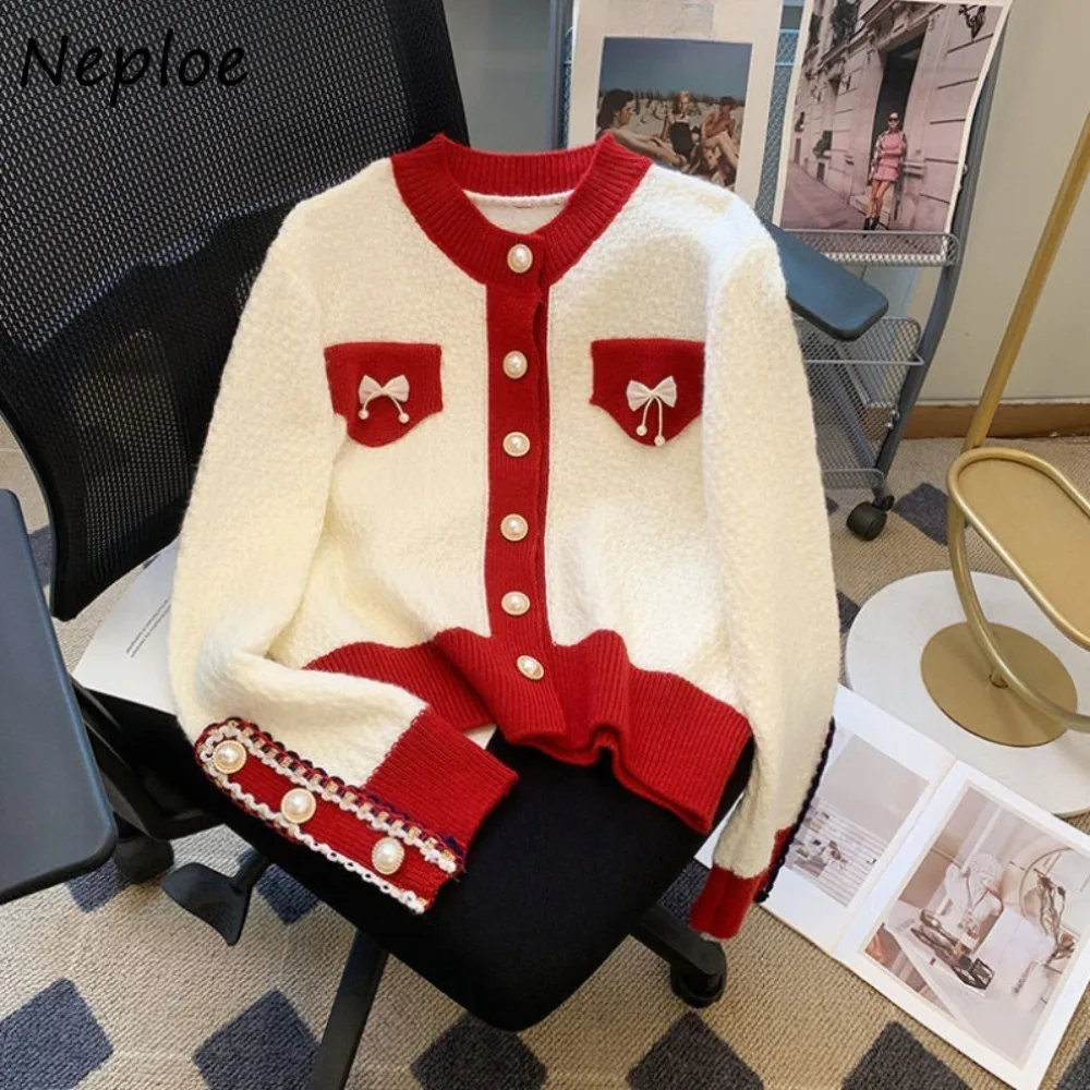 

Fashion Temperament Simple Sweet Bow Cardigan Minority Panelled All-match Loose Jumper Festive Trendy French Style Mujer