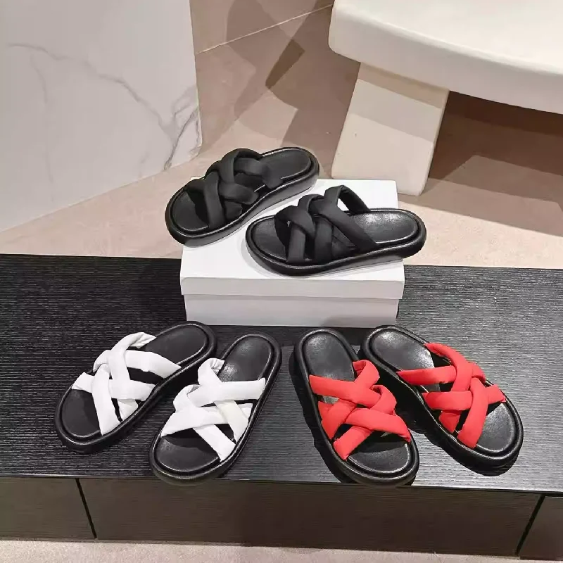 Comfortable Cross Strap White Black Red Shoes Women Slippers Leather Zapatos Mujer 2024 Tendencia Flats Sandals Flip Flops