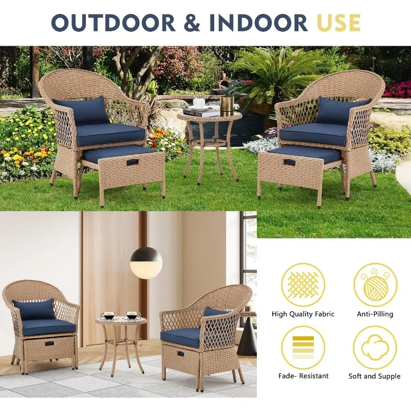 AVAWING 5 Pieces Patio Furniture Set, Outdoor Rattan Chairs with Round Glass Coffee Table, Ottomans & Soft Cushions,