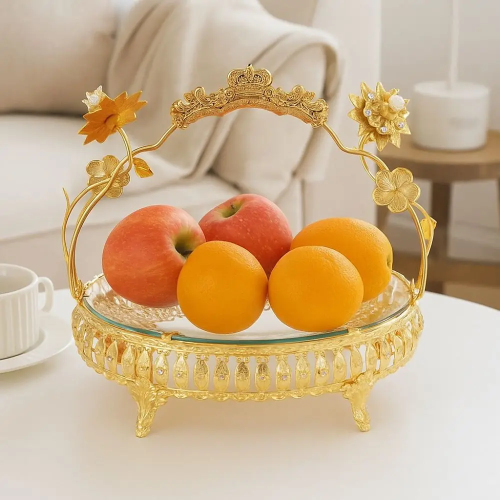 

Cake Plate Portable Handle Metal Fruit Plate Golden Glass Light Luxury Pastry Tray European Style Storage Bowl Banquet Desktop