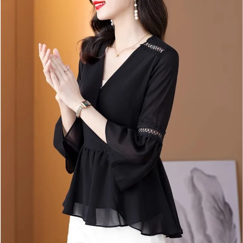 # 2514 블랙 쉬폰 여성상의와 블라우스 얇은 섹시한 스플릿 조인트 비대칭 랩 블라우스 Femme 3/4 슬리브 여름