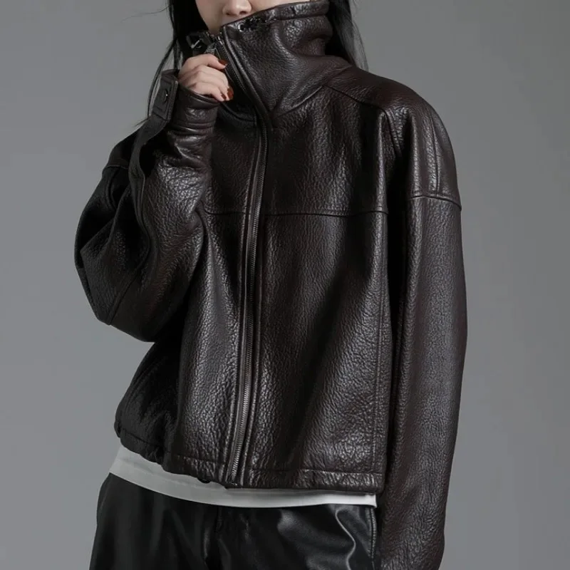 Leisure Style Solid Color Genuine Leather Jacket Ladies Handmade Turn-Down Collar Zipper Long Sleeves Sheepskin Outerwear
