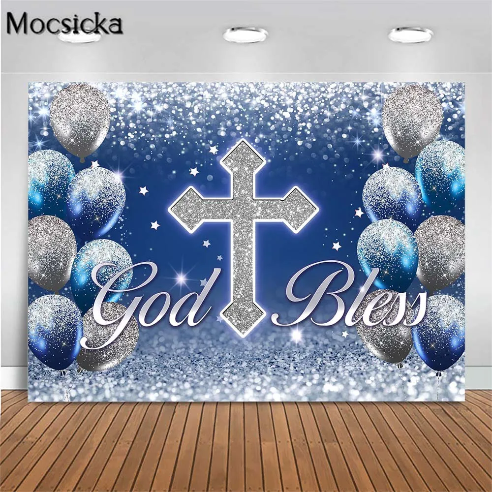 Mocsicka Baby Baptism Photography Backdrop God Bless Christening Silver Cross Blue Glitter Balloon Photo Background Banner Decor