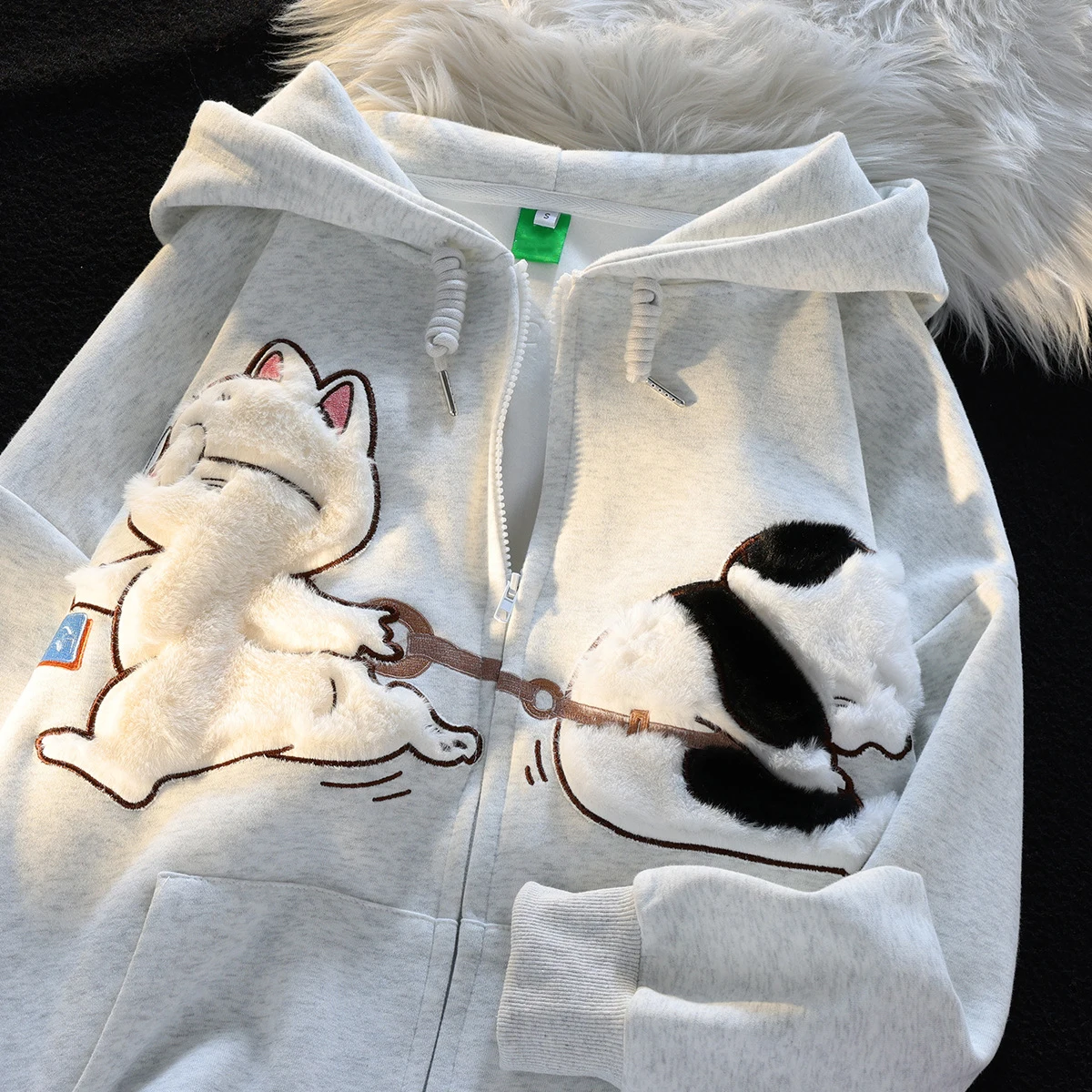 2024 Fashion Couples Clothes Hooded Coat Autumn Winter Cat Embroidery Cartoon Print Zip Up Hoodies Streetwear Women Man Tops