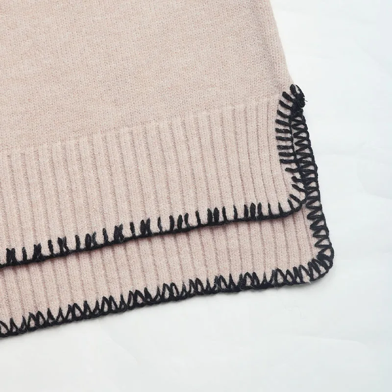 Women's Khaki Crew Neck Trimmed Knitted Sweater Long Sleeve Autumn Winter Casual Loose Fit Daily Fashion Pullover